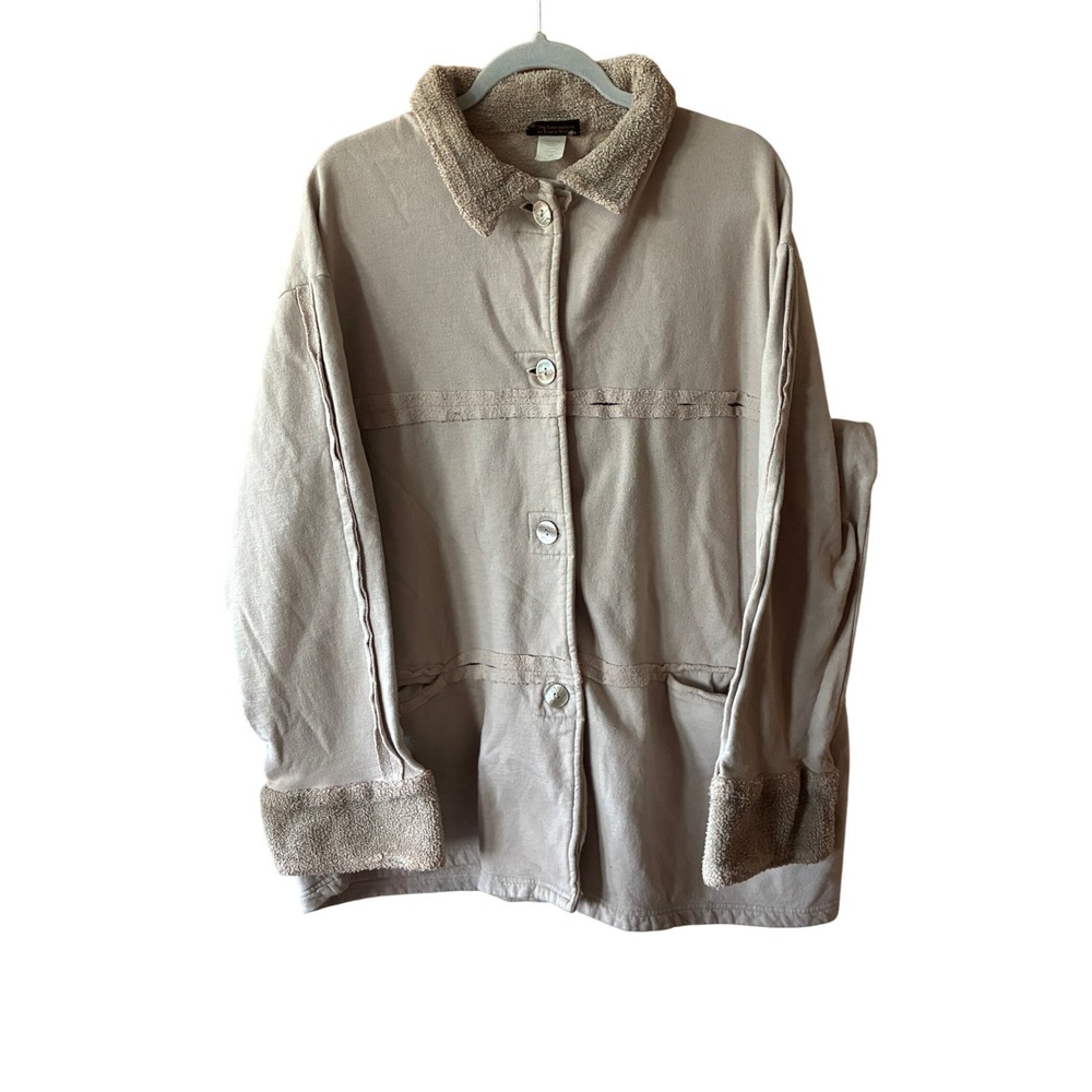 Liz & Jane‎ Jacket Womens 1X Tan Excellent Sherpa Trim Cotton Button Up B218